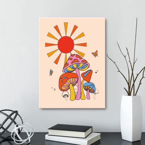 Quadro decorativo vintage em tela com cogumelos e sol, 28x38 cm (11x15 polegadas) 2