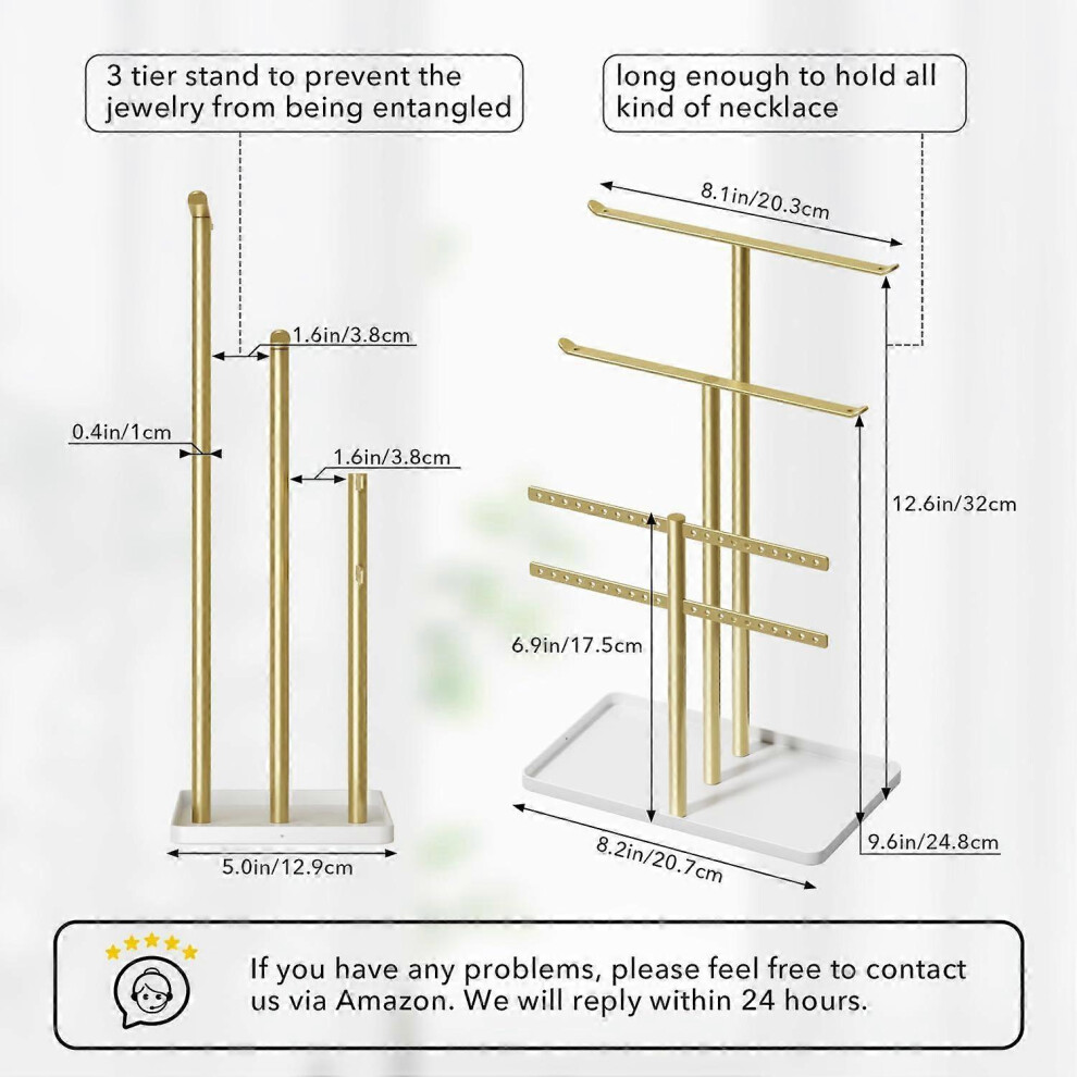 Gold/White Jewellery Holder Organiser 12.5 Inch Tall Sturdy Metal 3-Tier Hanger Stand With Tray 4 Bars For Storage Display