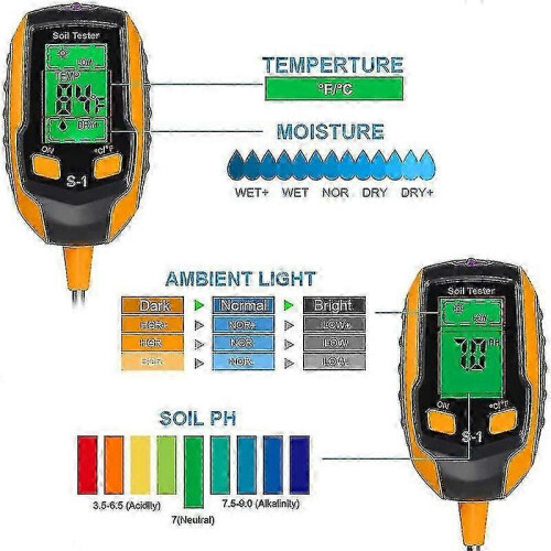 Digital Soil Tester for Plants with Moisture, pH, Temperature & Light Sensor, Large LCD Screen, Orange Probe 2