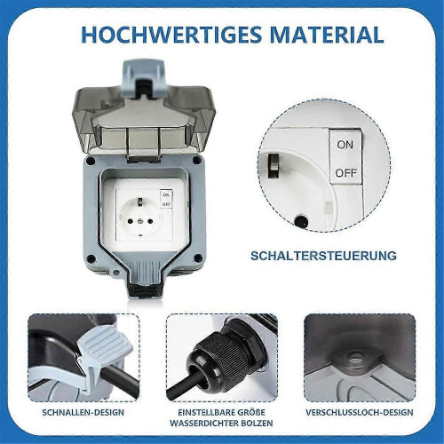 Outdoor Socket IP66 Waterproof 1-Way EU Plug with Switch Indicator Light Lockable Hinged Lid Surface Mounted Gray 1