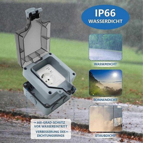Outdoor Socket IP66 Waterproof 1-Way EU Plug with Switch Indicator Light Lockable Hinged Lid Surface Mounted Gray 2