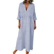 Women Bohemian Cotton Linen Dresses 3/4 Sleeve Maxi-Sky Blue L