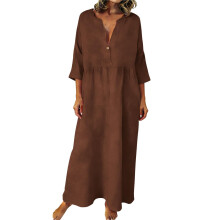 Women Bohemian Cotton Linen Dresses 3/4 Sleeve Maxi-Brown M