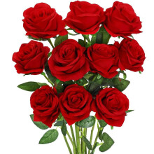 Artificial Red Silk Roses with Stems – 10 Pack