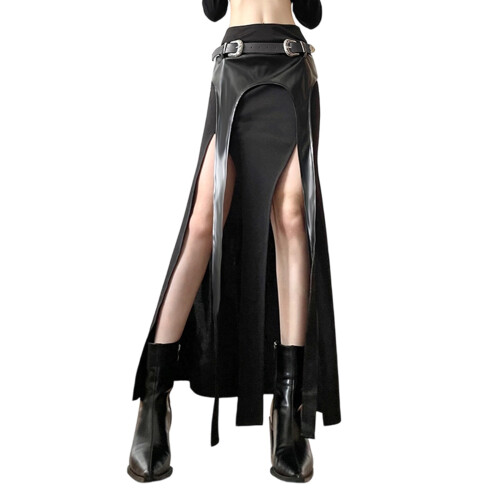 Asymmetric SplitPatchwork Skirt Stretchy Polyester Spandex-S