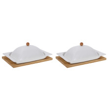 2Sets Herbruikbare Keramische Boterschaal Met Hout Voor