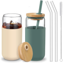 Vaso de vidrio con tapa de bambú y pajita de 591 ml (20 oz).