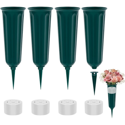 4-Pack Green Plastic Grave Vase Inserts with Ground Spikes