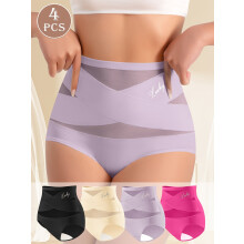(MULTI, L) 4 pairs of high-waisted women's underwear - Abdominal compression breathable mesh underwear, elegant solid color underwear