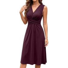 Women's Sleeveless V-Neck Front Knot Dress, Plain-Fuchsia S