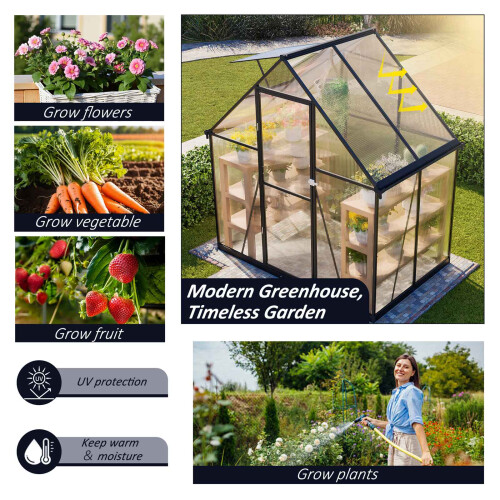 Birchtree BIRCHTREE 6X4FT Polycarbonate Greenhouse Dark Grey 1
