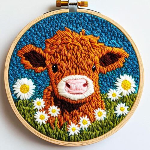 Kit de brodat Highland Cow cu cerc, 20 cm