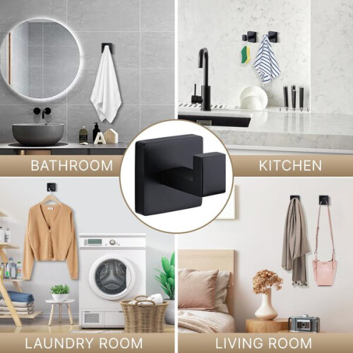 Adhesive Hooks Black Stainless Steel 4 Pack, Wall Mounted for Bathroom Kitchen 2