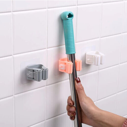 Broom Holder 2-Pack, Adhesive Mount No Drilling Required with Rotating Rollers for Wall Storage 1