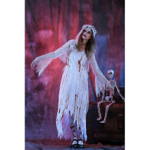 Women's Corpse Bride Irregular White Long Dress with Veil, Size M, Halloween Cosplay Party Costume