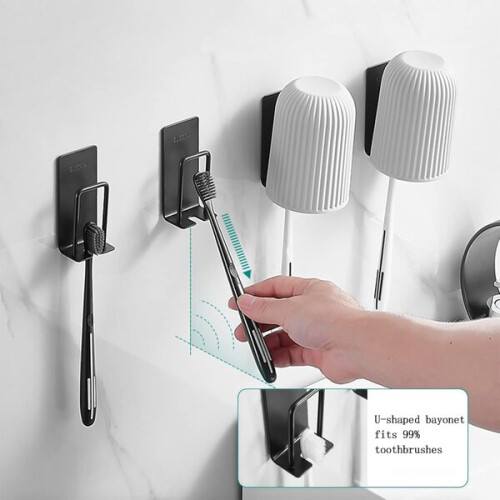 Wall Mounted Toothbrush Holder 4 Pack Black Stainless Steel No Drilling Space Saving Bathroom Kitchen 1