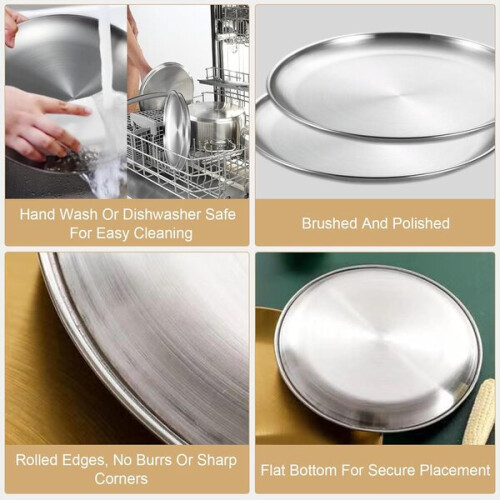 Stainless Steel Plates 6 Pcs 20cm Diameter Stackable Dishwasher Safe Microwave Safe 2