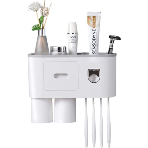 Wall-Mounted Toothbrush Holder with Automatic Toothpaste Dispenser, No Drill Adhesive Mounting, ABS PP PS Plastic, Holds 4 Brushes 1