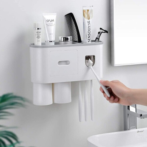 Wall-Mounted Toothbrush Holder with Automatic Toothpaste Dispenser, No Drill Adhesive Mounting, ABS PP PS Plastic, Holds 4 Brushes 2