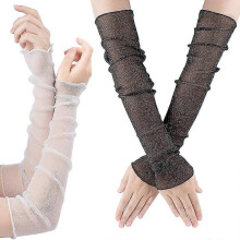 2 Pairs Women's Long Ultra-thin Lace Gloves Sun Uv Protection, Cooling Warmers Mesh Tulle Sunscreen Sleeves Fingerless Arms Legs Accessories For Party
