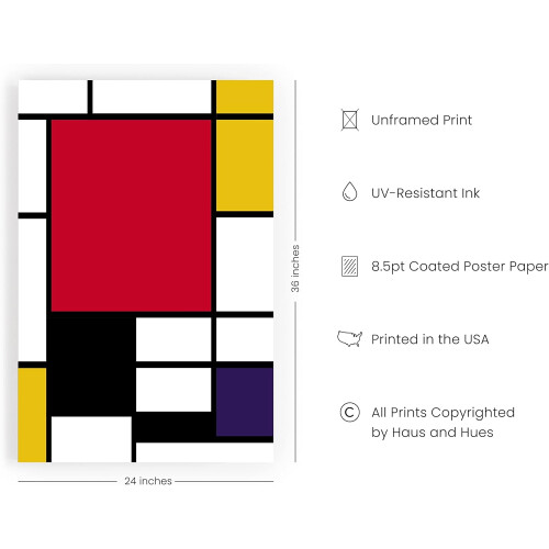 Quadro abstrato de Mondrian, formato retangular, 61 x 91 cm (24 x 36 polegadas). 1