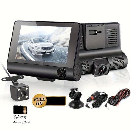 3-Lens Dash Cam with Collision Detection, Front Interior Rear Recording & Reverse View 1