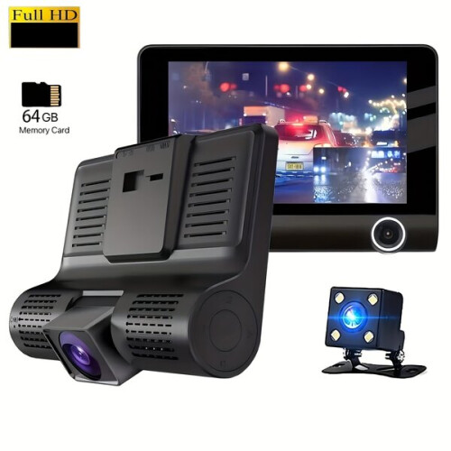 3-Lens Dash Cam with Collision Detection, Front Interior Rear Recording & Reverse View 2