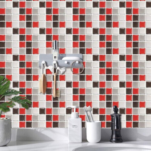 Rectangular Tile Stickers for Walls 24 Pack Waterproof Heat Resistant Adhesive Decoration Marble Pattern Mosaic Red 2