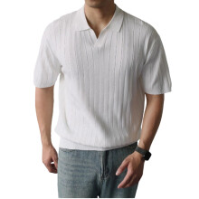 Men Short Sleeve Lapel Shirt V Neck Ribbed Knit-White XL