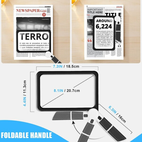 5x Magnifying Glass with 48 LED Lights & Foldable Handle for Reading Books, Newspapers, Large Rectangular Lens 1