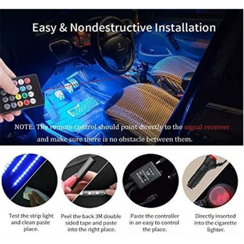 Car Interior LED Strip Light, Atmosphere Lighting, 48 Multicolor LEDs, Waterproof, 4 Light Bars with Remote Control 2