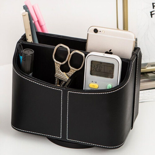 Rotating Remote Control Holder, Multimedia Organizer with 5 Compartments, Multifunctional Leather Desk Organizer, TV 1