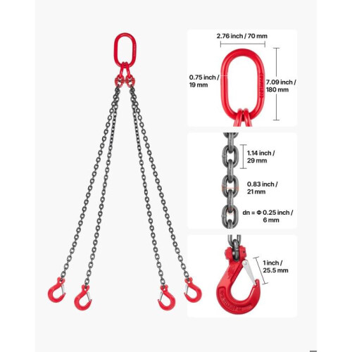 Αλυσίδα ανύψωσης VEVOR 4-κλώνων με γάντζους - 6 mm x 1,5 m - Χωρητικότητα φορτίου 2 2