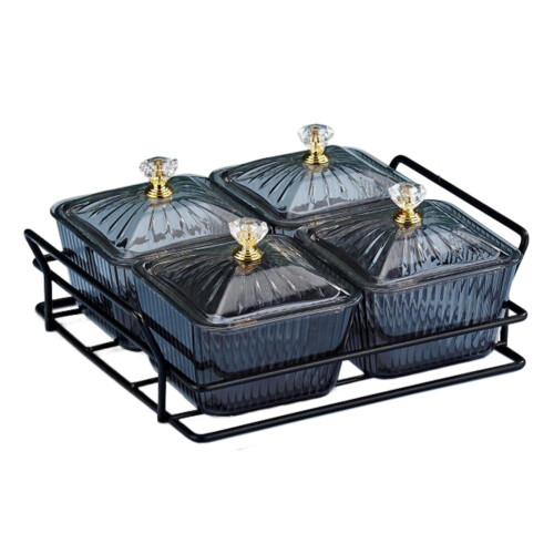 Divided Serving Platter with Lids Black 4-Bowl 1
