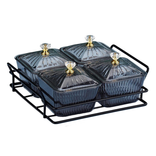 Divided Serving Platter with Lids Black 4-Bowl 2