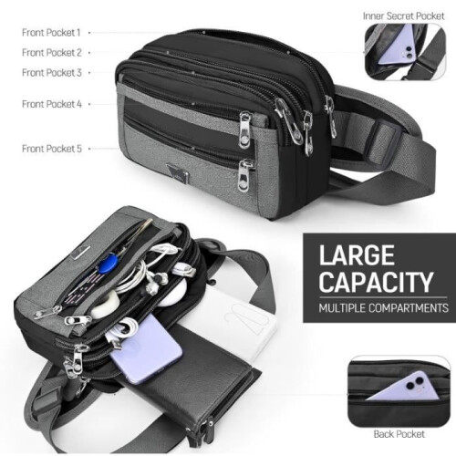 Fanny Pack - Unisex - Large Capacity - 7 Zipped Pockets - Adjustable Strap - Black 2