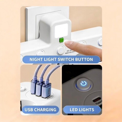 Tomada de parede com 4 tomadas, 2 USB-A e 1 USB-C, interruptor individual, para quarto, cozinha e secretária