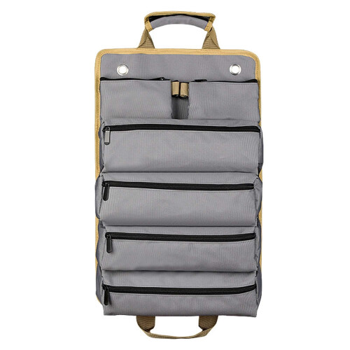 Bolsa de ferramentas enrolável em nylon resistente com 12 bolsos, cinza.