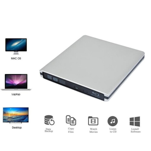 External 3D USB 3.0 Blu-ray DVD Player, Portable Blu-ray DVD CD RW Burner, CD Rack for MacBook OS, Windows 7, 8, 10, Linux 2