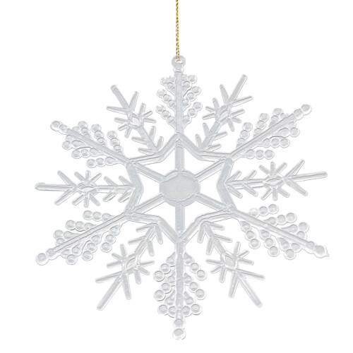 Conjunto de 24 enfeites de floco de neve com glitter e cordão.