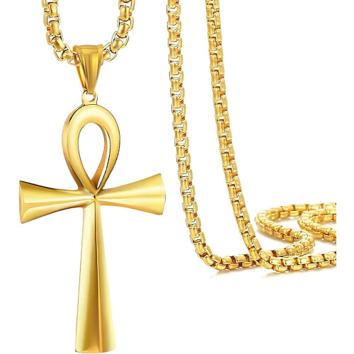 Colar com pingente de cruz Rolo Chain Ankh 16-24 polegadas 316L