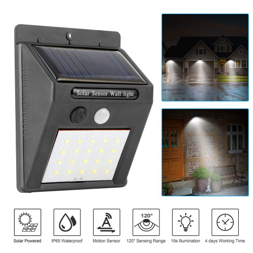 Solcelledrevet bevægelseslys 20 LED IP65 Udendørs 120 sensor
