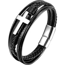 Pulseira Cruzada em Couro, Aço Inoxidável 316L, Banhada a Ouro 18K