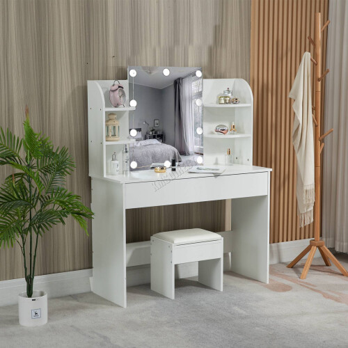 Westwood WestWood White Dressing Makeup Table Set Stool Adjust LED Mirror Shelves Drawers