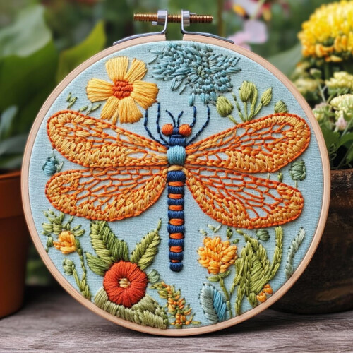 Punch Needle Kit Dragonfly on Flowers 20x20cm