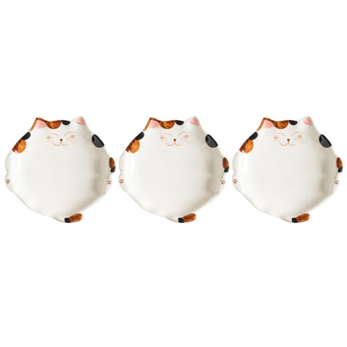 3Pcs White Ceramic Cat Design Plates for Salad, Snacks, and Parties