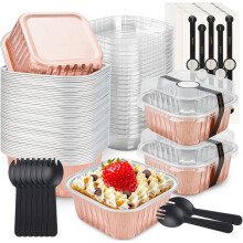 Conjunto de 50 mini formas quadradas de alumínio rosa para bolo, com tampas e colheres.