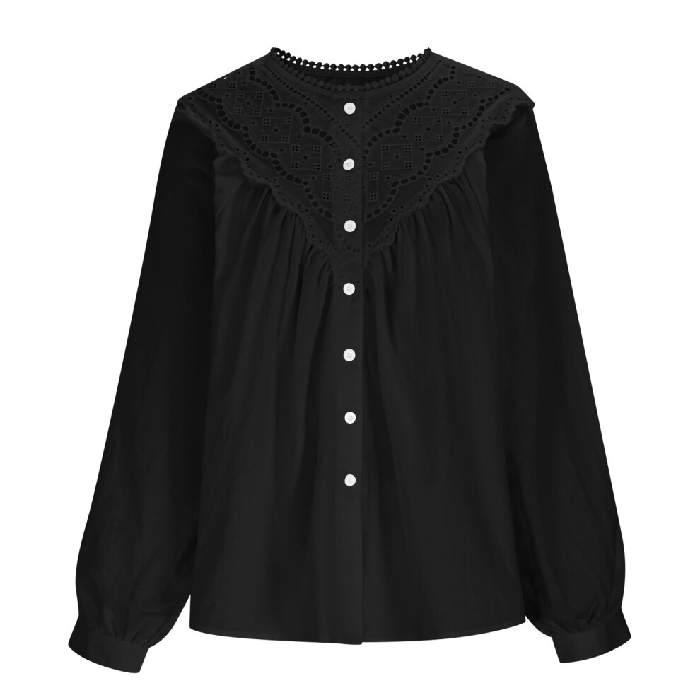 Women's Loose Fit Cotton Long Sleeve Tunics Top Lace-Black S