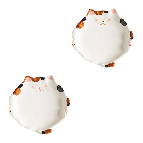 2Pcs Ceramic Cat Plates White for Dessert Snack Salad Serving Dish