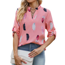 Women's Long-Sleeved Casual V-Neck Print Three-Quarter-Pink XL